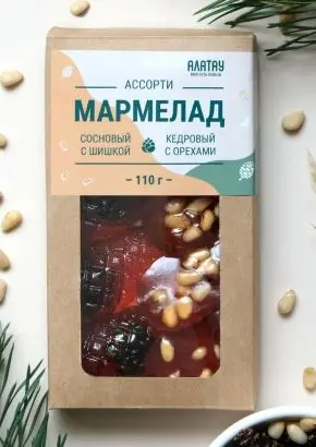 Мармелад сосновый ассорти с кедровыми орехами и с шишкой, 110 гр Мармелад сосновый ассорти с кедровыми орехами и с шишкой, 110 гр